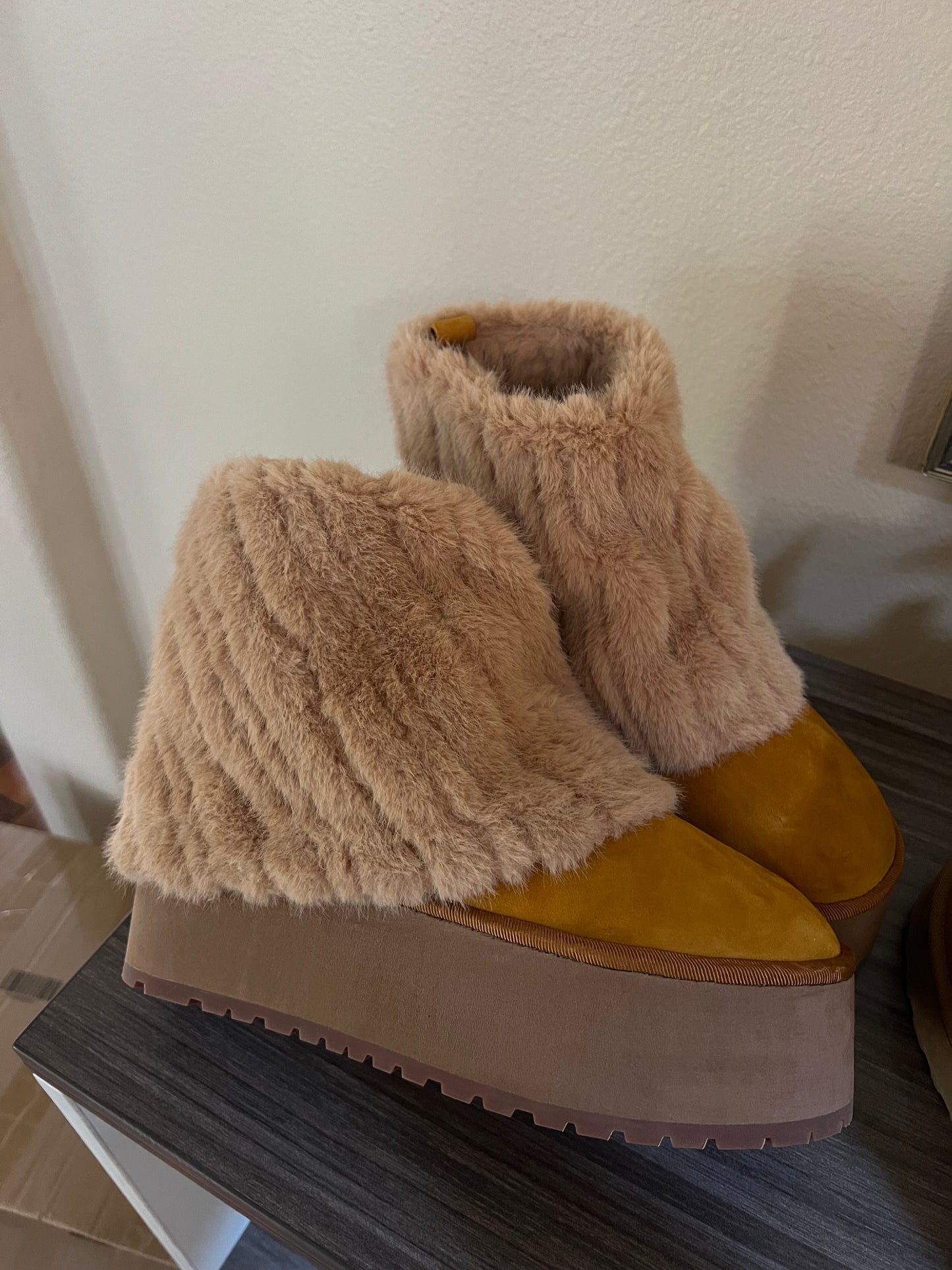 Platform Fold Over Fur Boots Ankle Round Toe - Pre Order